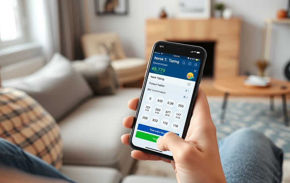 Person som spiller lotto på mobil med Norsk Tipping-appen i en stue