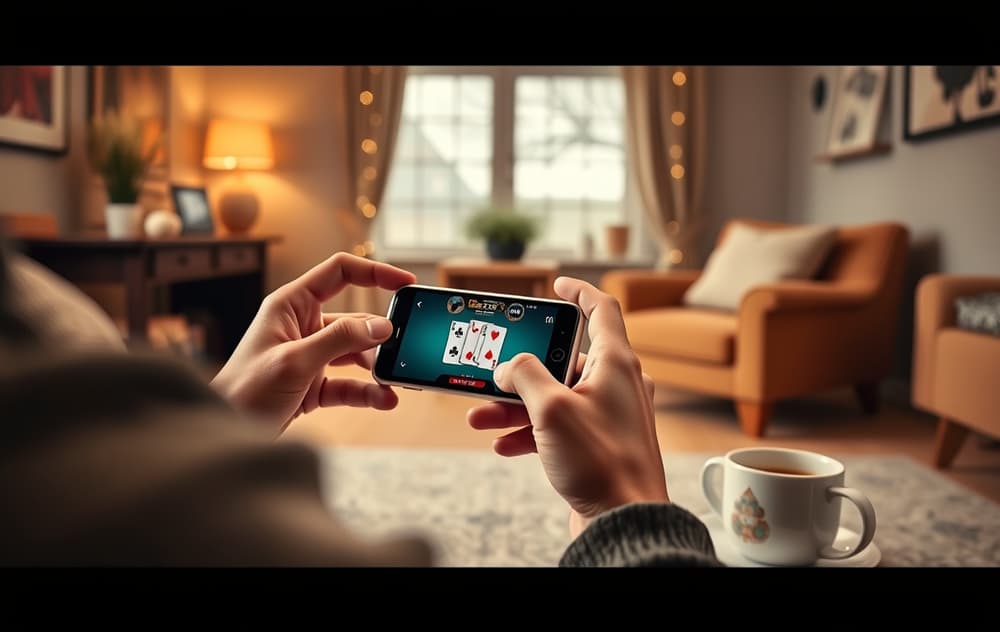 En person spiller poker på mobilen i en norsk stue, med kaffekopp og varm belysning