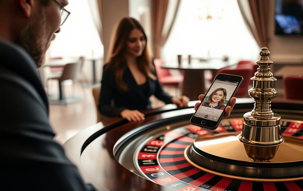 Nærbilde av rulettbord med ball i lomme og mobiltelefon som viser live roulette-spill.