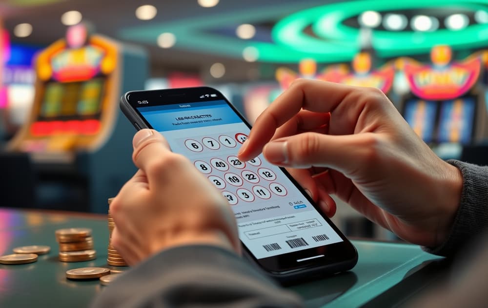 En person som skraper et digitalt skrapelodd på en mobiltelefon, med mynter og casino-bakgrunn.