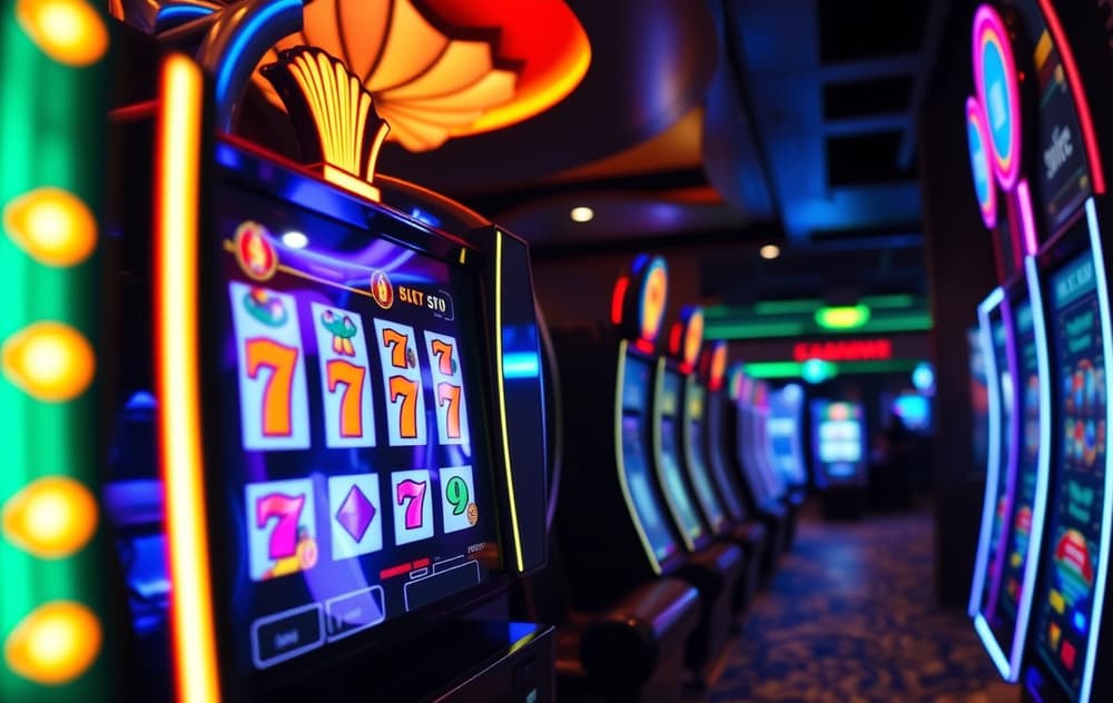 Moderne spilleautomat med fargerike symboler og jackpot-skilt i et casino
